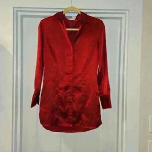Worthington Satin Shirt Dress Long Sleeve Pointed Collar Red Size Small
